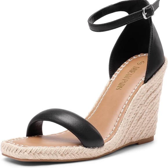 NWT Black Open Toe Wedge Espadrilles Ankle Strap Size 8 - Picture 5 of 9